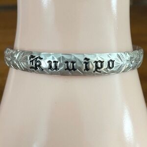 Hawaiian Heirloom Kuuipo Cuff Bracelet 925 Sterling Silver Plumeria Black Enamel